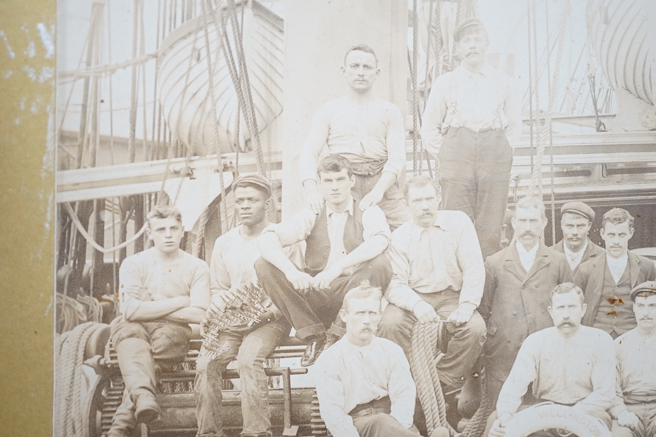 New Zealand history - A late 19th century albumen photograph of the crew of the ship Wellington which sailed from Glasgow to Wellington, New Zealand, by W Stewart photographer, 43 Broadway Terrace, Wellington, NZ., 14cm
